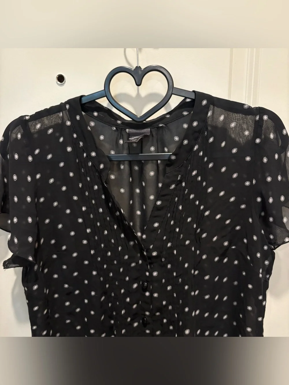 Covington Petite Black Sheer Polka Dot Button-Front Blouse